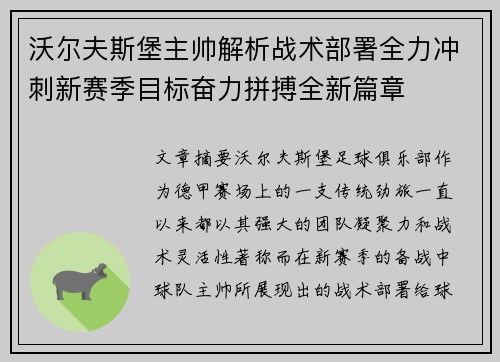 沃尔夫斯堡主帅解析战术部署全力冲刺新赛季目标奋力拼搏全新篇章