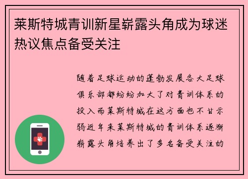 莱斯特城青训新星崭露头角成为球迷热议焦点备受关注
