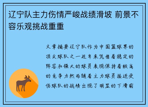 辽宁队主力伤情严峻战绩滑坡 前景不容乐观挑战重重
