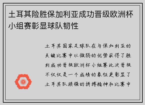 土耳其险胜保加利亚成功晋级欧洲杯小组赛彰显球队韧性