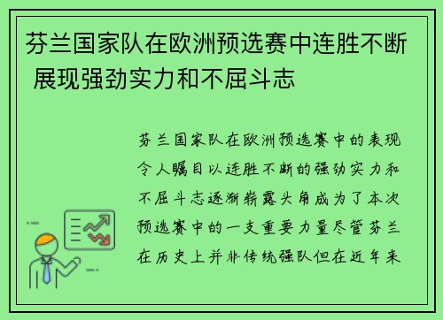 芬兰国家队在欧洲预选赛中连胜不断 展现强劲实力和不屈斗志