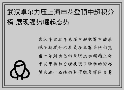 武汉卓尔力压上海申花登顶中超积分榜 展现强势崛起态势