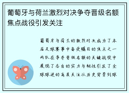 葡萄牙与荷兰激烈对决争夺晋级名额焦点战役引发关注
