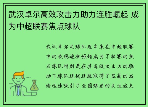 武汉卓尔高效攻击力助力连胜崛起 成为中超联赛焦点球队